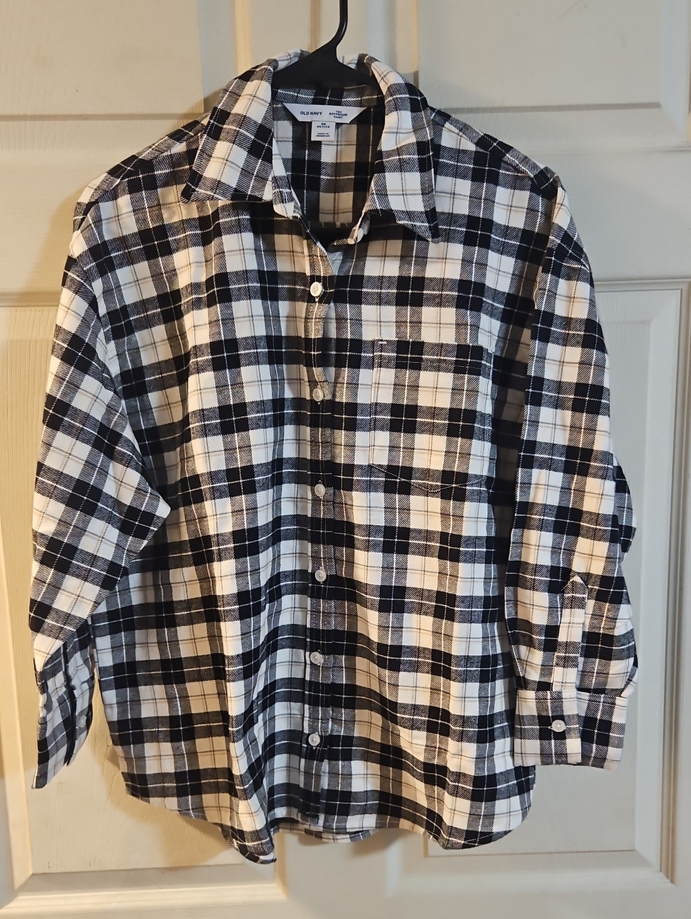 OLD NAVY OVERSIZED BOYFRIEND FLANNEL SHIRT: Black Buffalo Plaid: NWT:  XS PETITE